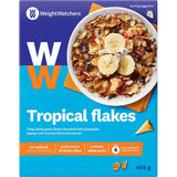 Weight Watchers Cereal Tropical Blast features crisp whole grain flakes with pineapple, papaya, and banana flavors, high in fiber.