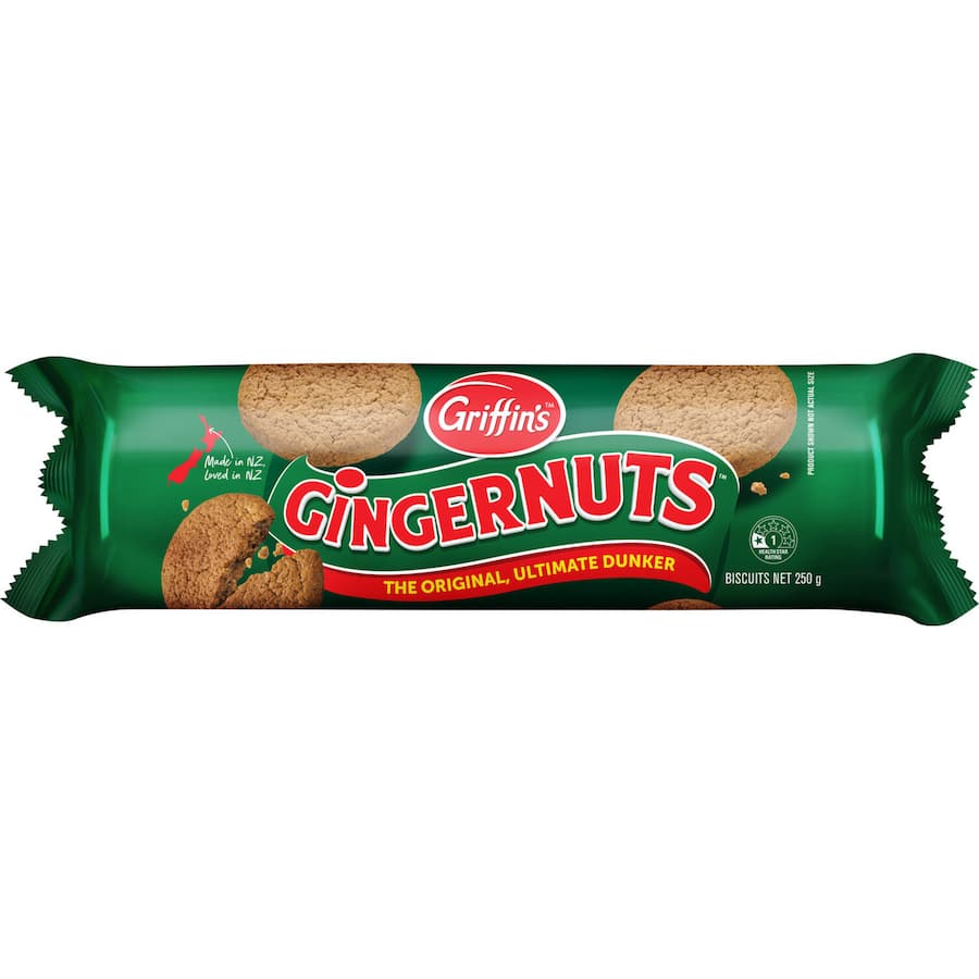 Griffins Gingernuts, original ginger biscuits with real ginger, perfect for dunking in tea or coffee, and no artificial additives.