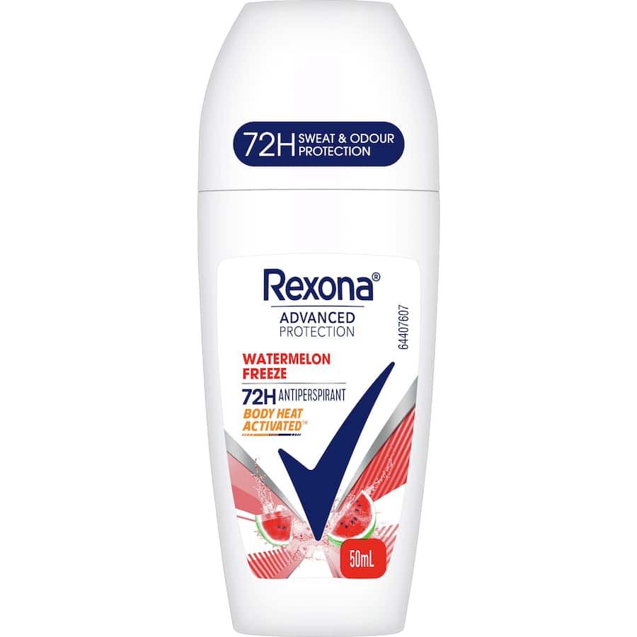 Rexona Women Advanced Roll On Watermelon, a compact antiperspirant offering 72-hour sweat and odour protection with a refreshing scent.