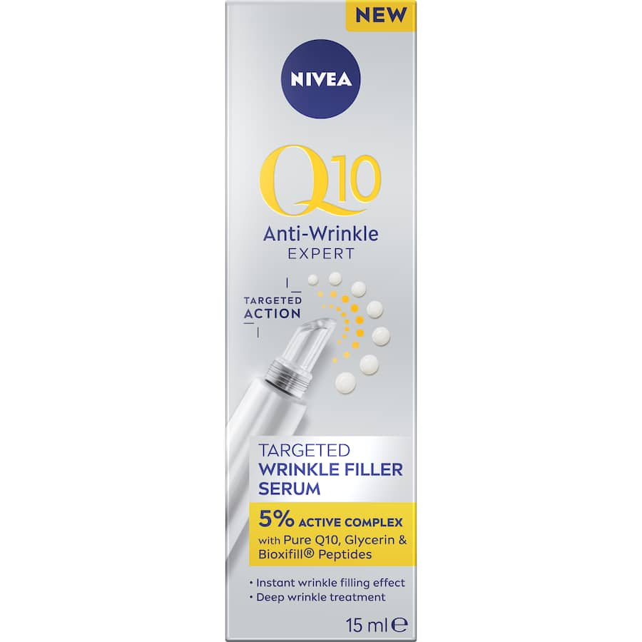 Nivea Q10 serum in a sleek bottle for targeted wrinkle filling, designed to reduce fine lines and nourish all skin types.