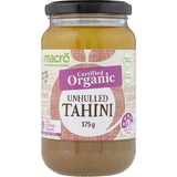 Macro Organic Unhulled Tahini in a jar, made from organic sesame seeds, ideal for dips, dressings, and spreads.