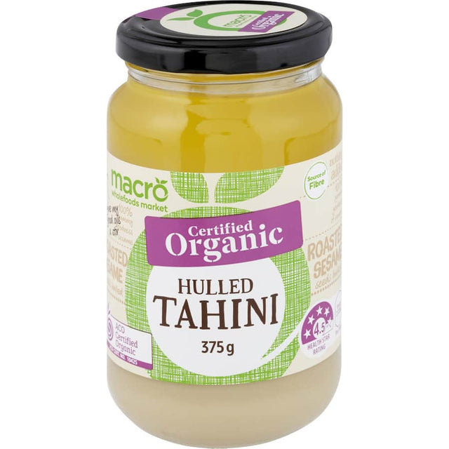 Creamy Macro Organic Hulled Tahini made from premium organic sesame seeds, perfect for dips and dressings, free from additives.