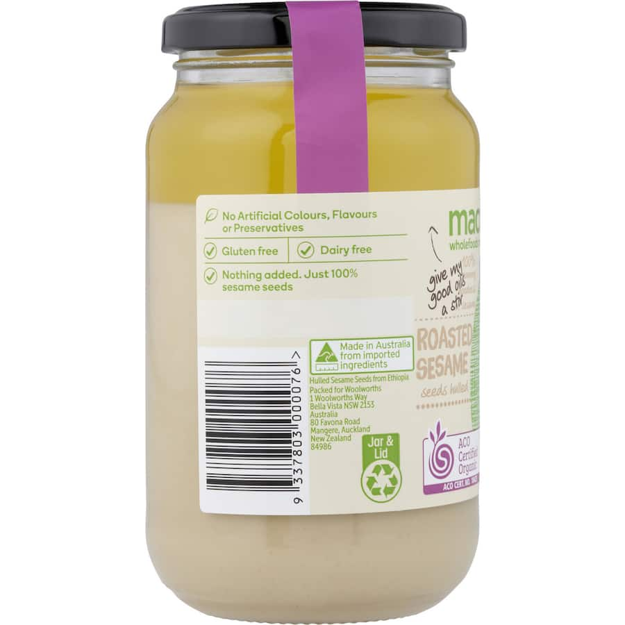 Creamy Macro Organic Hulled Tahini made from organic sesame seeds, perfect for dips, dressings, and healthy cooking.