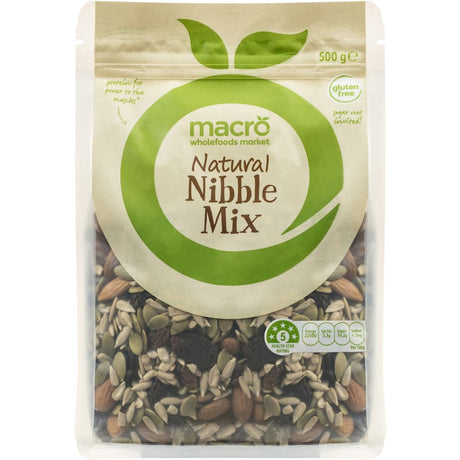 Macro Natural Snack Mix Raw Nibble Mix featuring sunflower kernels, almonds, pepitas, raisins, and sultanas for healthy snacking.