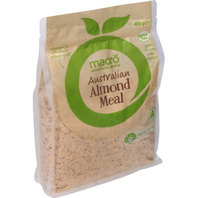 Macro Almond Meal in a bag, a gluten-free almond flour ideal for baking, rich in fiber, and free from artificial additives.