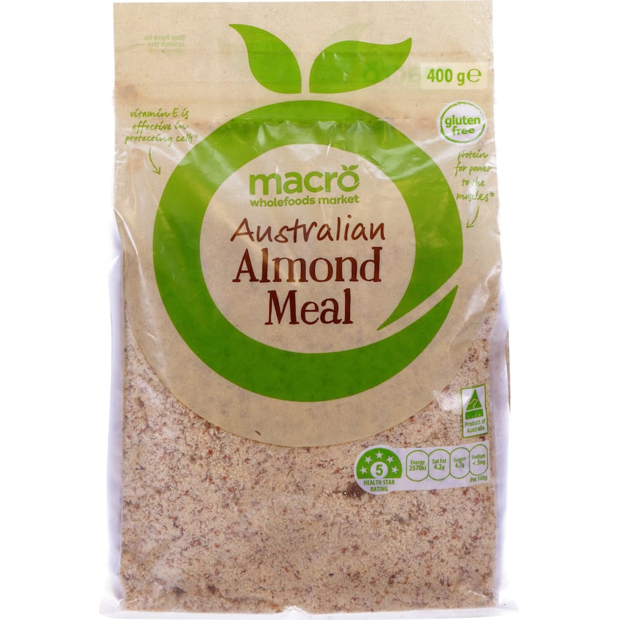 Macro Almond Meal in a bag, gluten-free baking alternative made from 100% blanched almonds, packed with fiber and vitamin E.