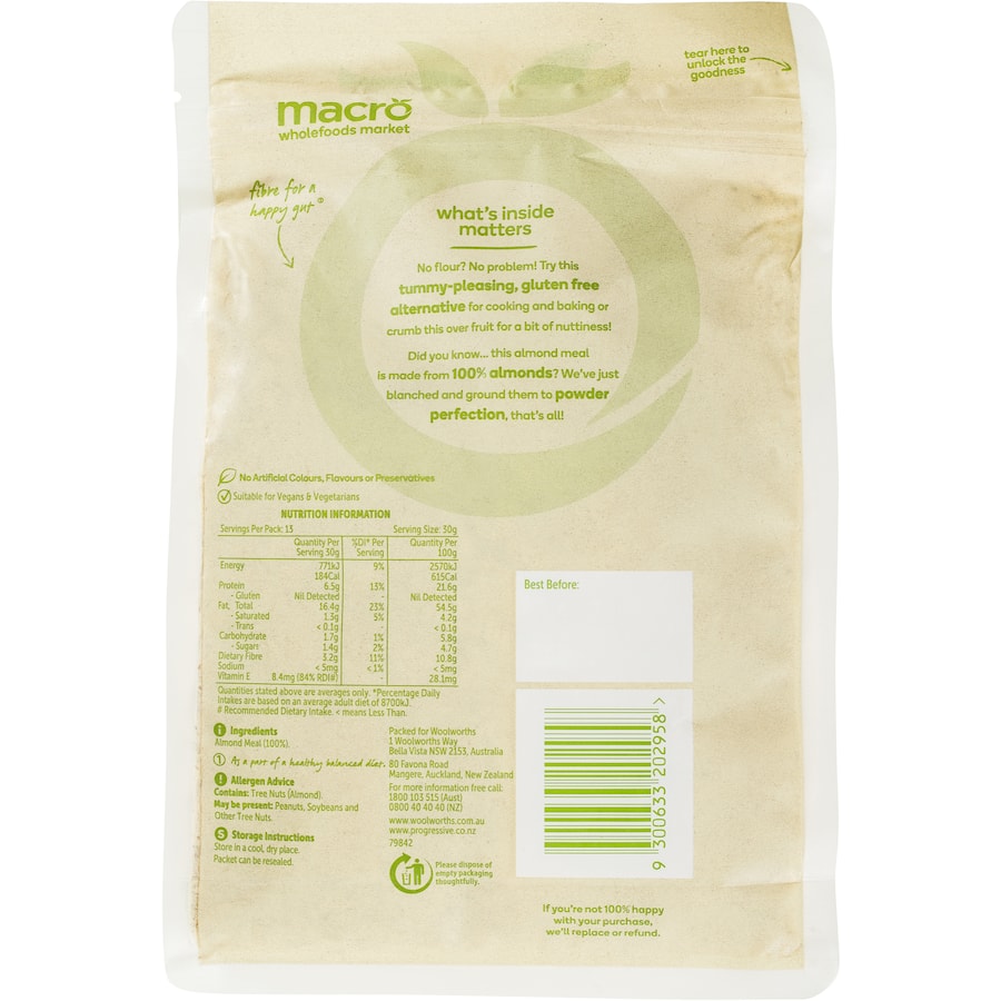 Macro Almond Meal in a bag, a gluten-free, finely ground almond flour packed with vitamins and dietary fiber for healthy baking.