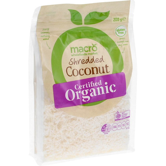 Macro Organic Coconut Shredded: nutrient-packed, gluten-free coconut flakes perfect for baking, topping, or healthy snacks.