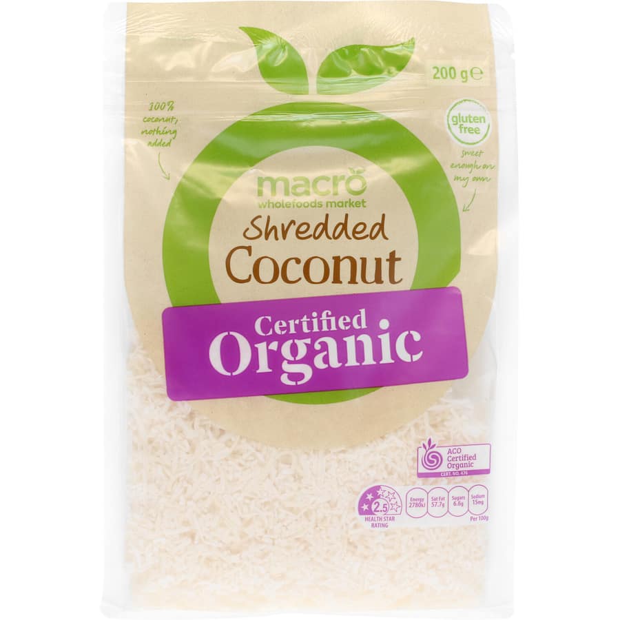 Macro Organic Coconut Shredded in a bag, nutrient-rich, perfect for adding tropical flavor to meals and baking.