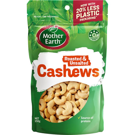 A close-up of Mother Earth Roasted Unsalted Cashews, showcasing their rich color and crunchy texture, ideal for snacking.