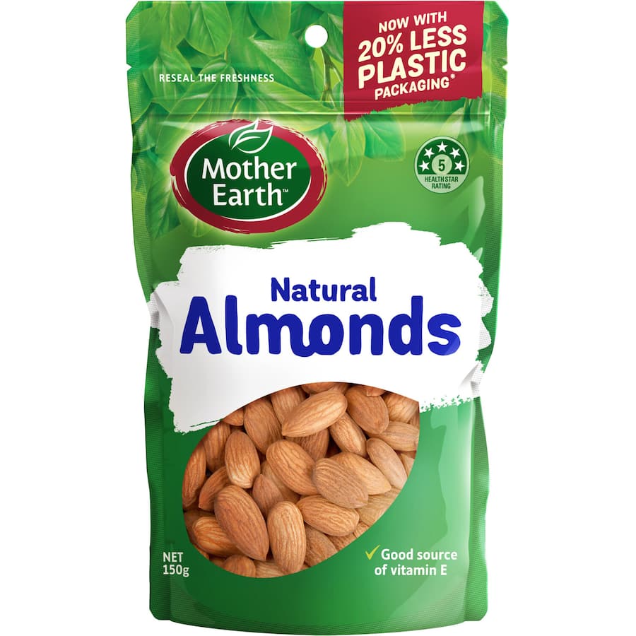 A handful of Mother Earth Natural Almonds showcasing their rich flavor, nutrition, and health benefits, perfect for snacking.