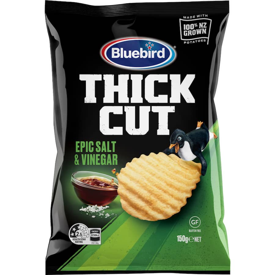 Bluebird Thick Cut Potato Chips with a tangy salt and vinegar flavor, perfect for snacking, parties, or movie nights.