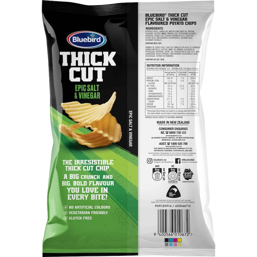 Bluebird Thick Cut Potato Chips Salt & Vinegar, showcasing crunchy chips with tangy vinegar and sea salt flavor.