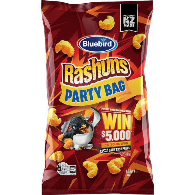 Bluebird Rashuns Corn Snacks: Crispy, gluten-free corn bites in cheese, barbecue, and classic flavors, perfect for any occasion.