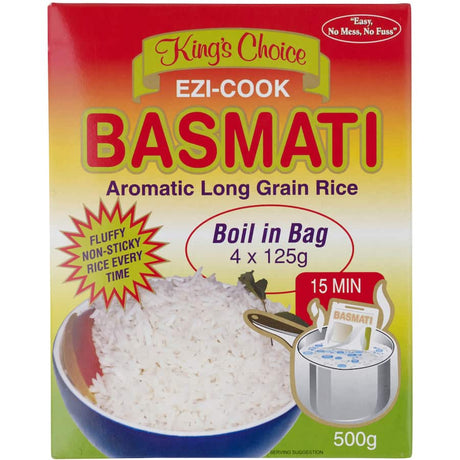 Kings Choice Basmati Rice in boil-in-bag format for quick, fluffy, non-sticky, gluten-free meals, 4 packets of 125g.