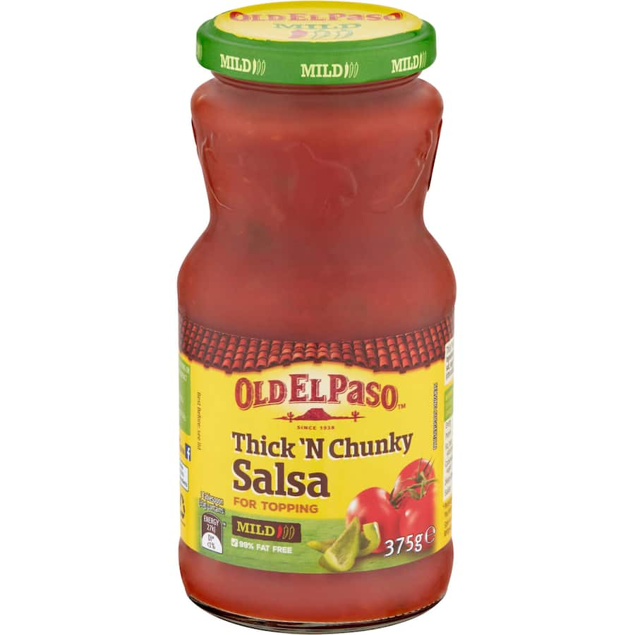 Old El Paso Mild Chunky Salsa: flavorful blend of chunky tomatoes and spices, perfect for dips or enhancing Mexican dishes.