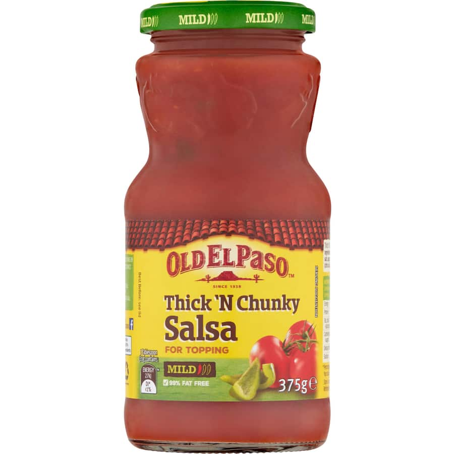 A jar of Old El Paso Mild Chunky Salsa, featuring chunky tomatoes and zesty onions for authentic Mexican flavor.