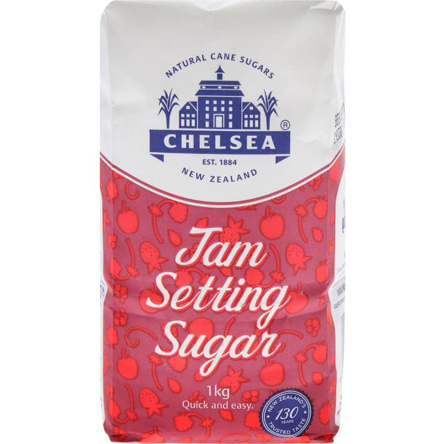 Chelsea Jam Setting Sugar package, ideal for making gel-like homemade jams and jellies with fresh fruit flavors.