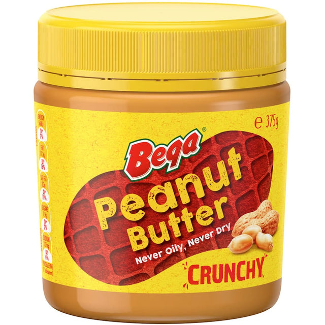 Bega Peanut Butter Crunchy spread with creamy texture, rich flavor, and crunchy bits for delicious toast and baking.