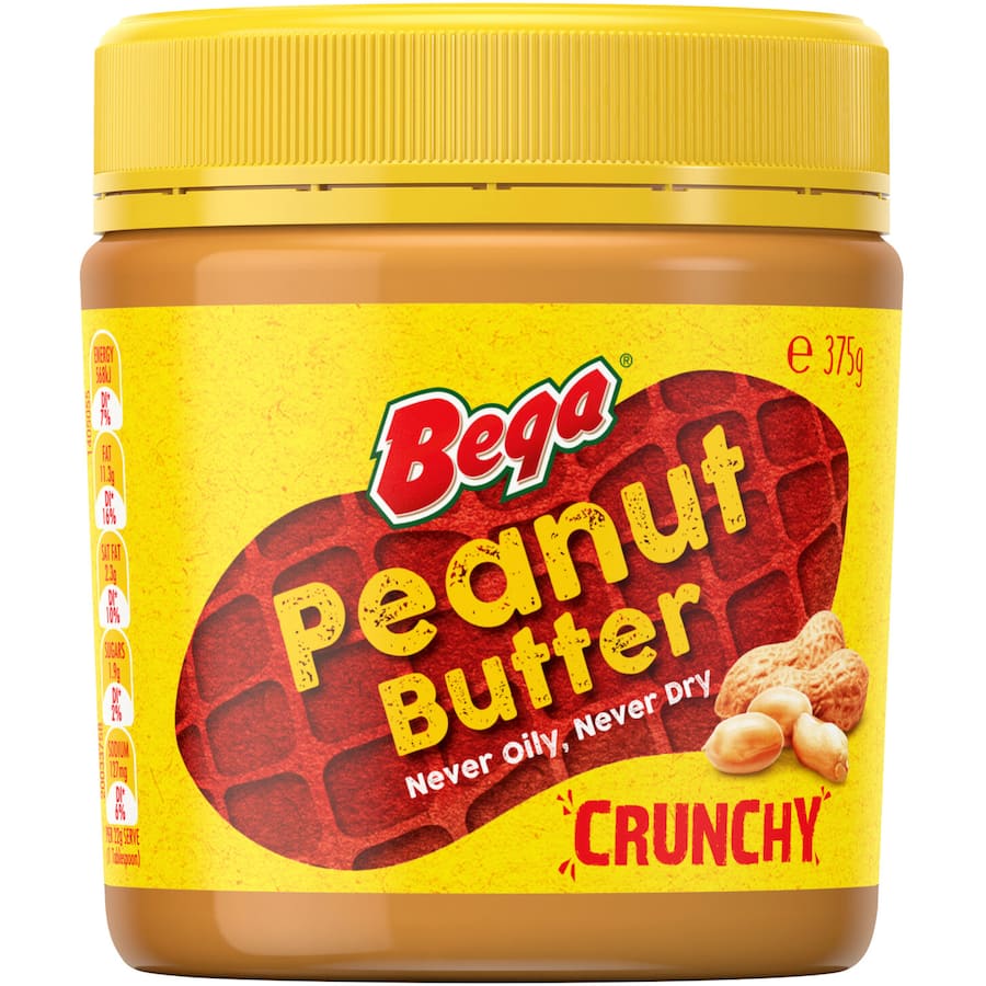 Bega Peanut Butter Crunchy: creamy spread with crunchy texture, made from high oleic peanuts for rich flavor and health benefits.