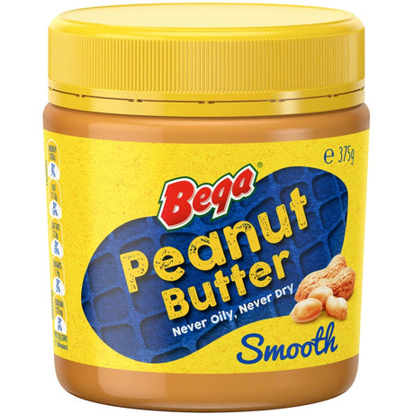 Bega Peanut Butter Smooth jar showcasing creamy, rich texture; made with premium hi oleic peanuts for a healthier spread.