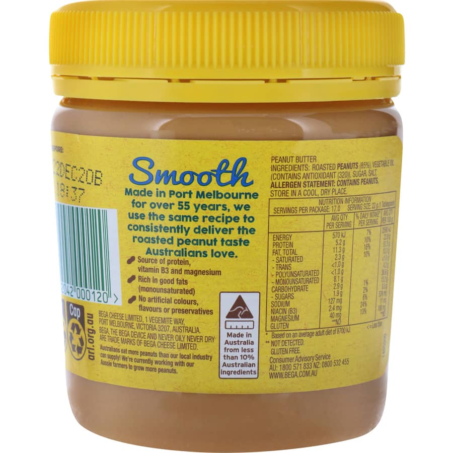 Smooth Bega Peanut Butter, made from hi oleic peanuts, offering creamy texture and rich flavor for versatile use.