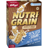 Kellogg's Nutri-Grain Cereal in Vanilla Malt flavor, 25% less sugar, made with whole grains, high fiber, and vegan-friendly.