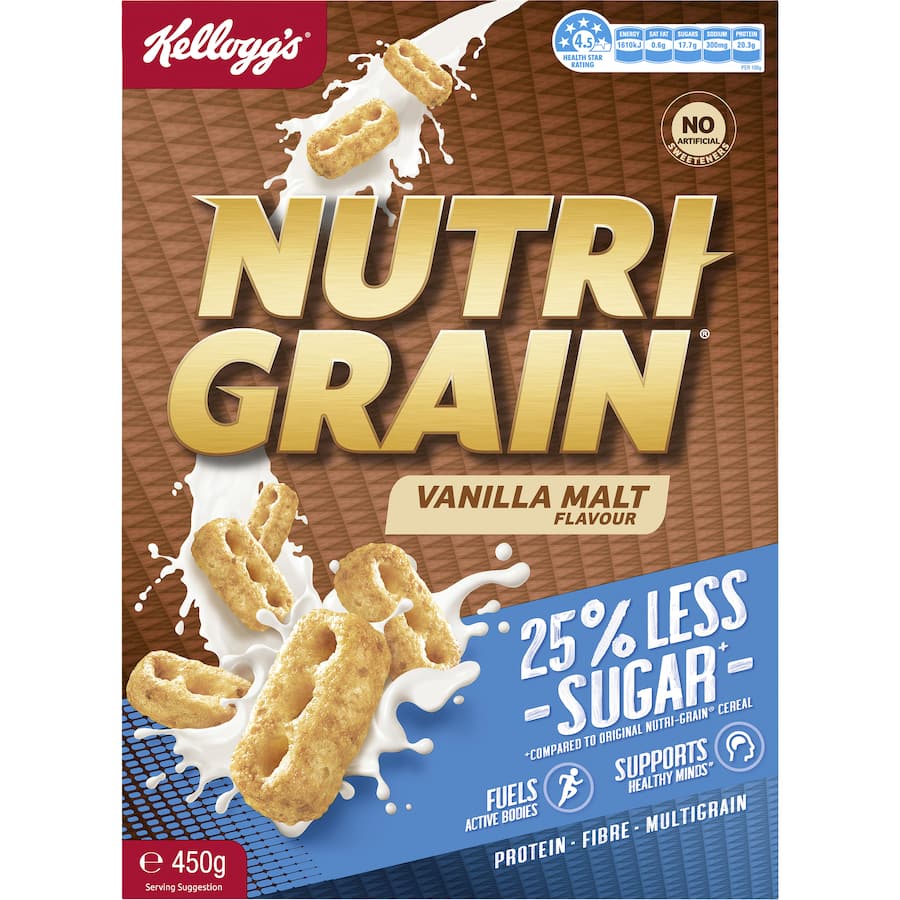 Kellogg's Nutri-Grain Cereal Vanilla Malt, 25% less sugar, packed with whole grains, protein, and a vegan-friendly crunch.