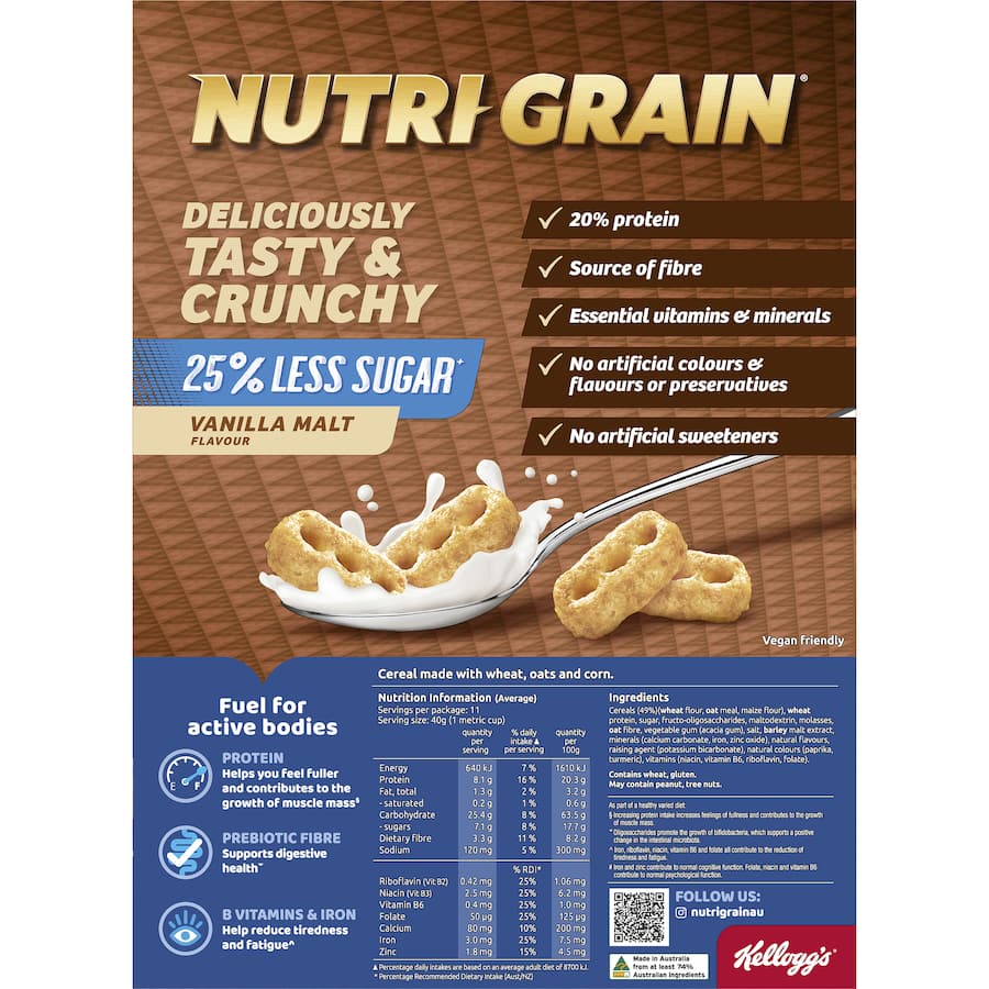 Kellogg's Nutrigrain Cereal in Vanilla Malt flavor, 25% less sugar, with whole grains, high fiber, and vegan-friendly ingredients.