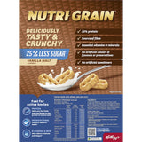 Kellogg's Nutrigrain Cereal in Vanilla Malt flavor, 25% less sugar, with whole grains, high fiber, and vegan-friendly ingredients.