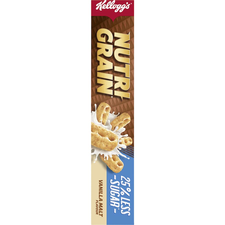 Kellogg's Nutri-Grain Vanilla Malt Cereal, 25% less sugar, packed with whole grains, high fiber, and vegan-friendly ingredients.