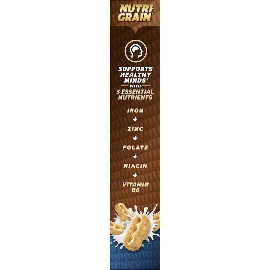 Kellogg's Nutri-Grain Cereal in Vanilla Malt flavor, 25% less sugar, packed with whole grains and high fiber for a nutritious breakfast.