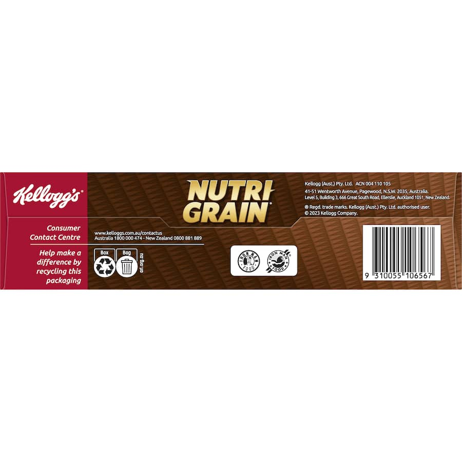 Kellogg's Nutri-Grain cereal in Vanilla Malt flavor, featuring 25% less sugar, whole grains, and a high fiber content.