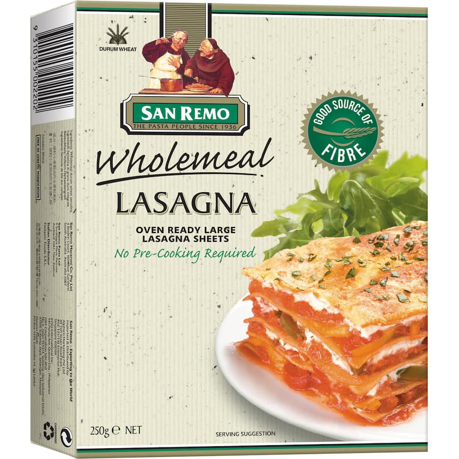 Wholemeal lasagne sheets made from 100% durum wheat, high in fiber, and perfect for healthy Italian meals.