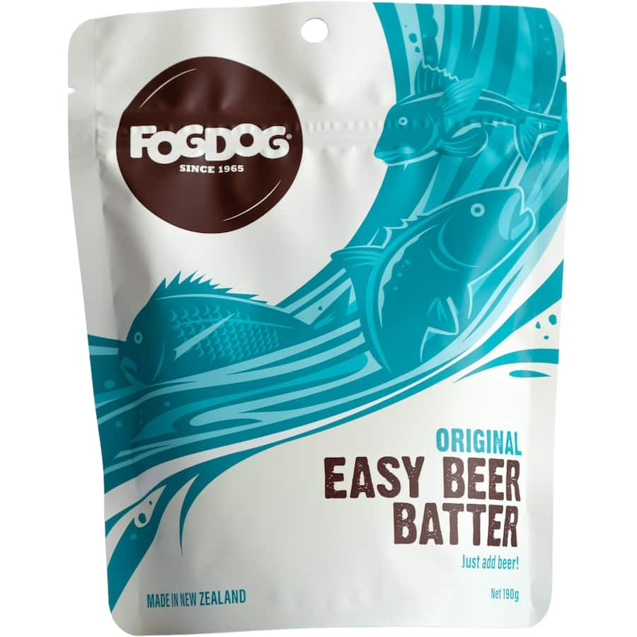 Crispy and flavorful Fogdog Batter Mix Beer Original for effortless seafood frying with just beer or soda water.