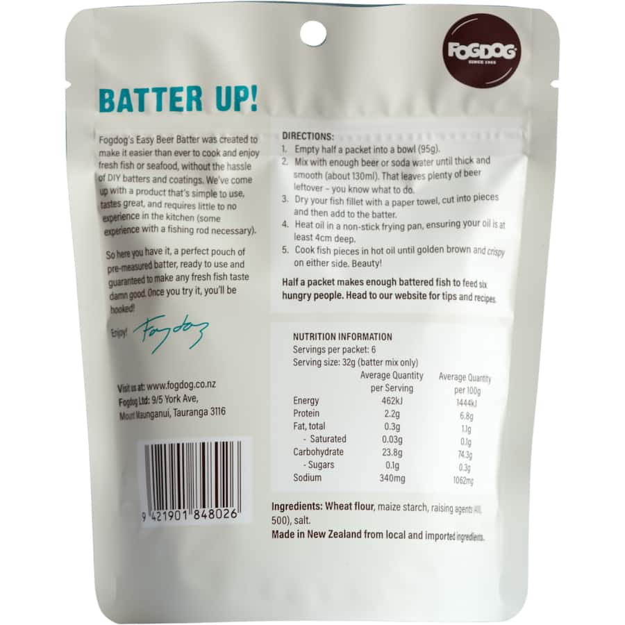 Fogdog Batter Mix Beer Original: Easy-to-use beer batter mix for crispy, flavorful fried seafood with minimal effort.