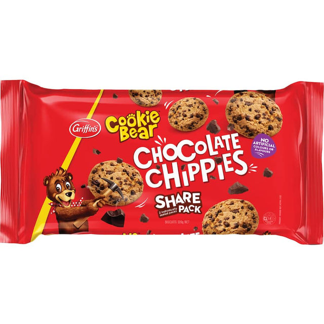 Griffins Cookie Bear Chocolate Chip Biscuits, rich in chocolate chips, perfect for snacking or sharing anytime.