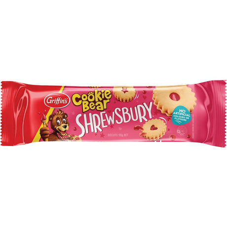 Griffins Cookie Bear Shrewsbury jam-filled biscuits in fun shapes, offering a tasty blend of crunchy texture and fruity goodness.