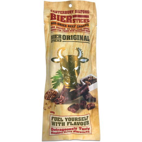 Canterbury Biltong Biersticks Original - air-dried beef snack made from free-range, grass-fed beef, packed with rich flavors.