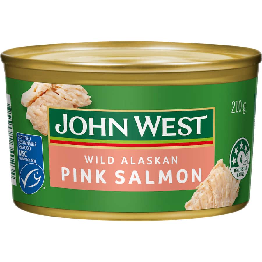 A can of John West Salmon Pink Wild Alaskan featuring premium wild-caught pink salmon, perfect for healthy gourmet dishes.