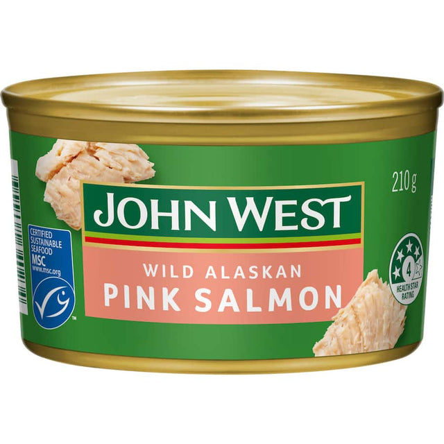 A can of John West Salmon Pink Wild Alaskan featuring premium wild-caught pink salmon, perfect for healthy gourmet dishes.