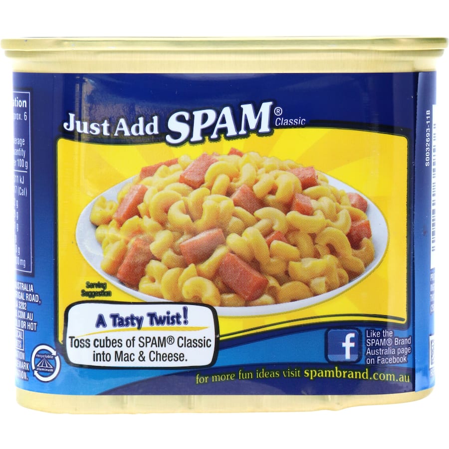 Canned Spam Ham Regular, perfect for outdoor meals, featuring an easy ring pull and high protein for adventures.