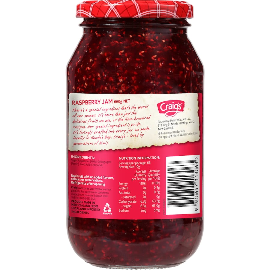 Craigs Fruit Jam Raspberry 660g