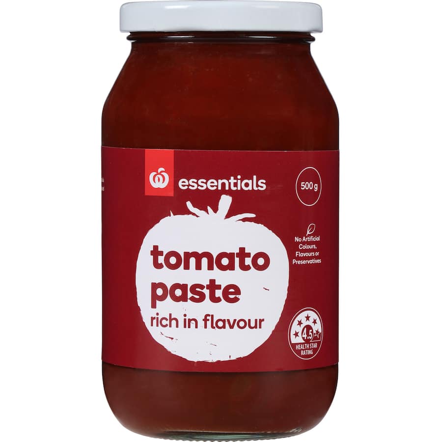 Woolworths Essentials Tomato Paste 500g, rich in flavor, perfect for pasta sauces and casseroles, no artificial additives.