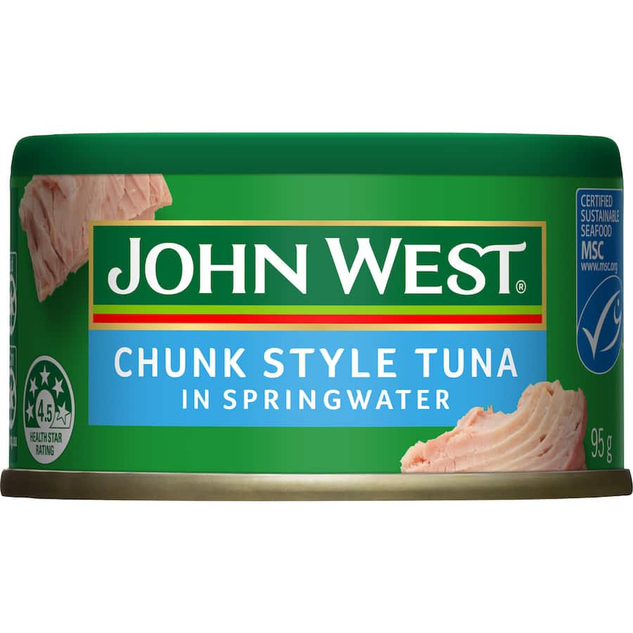 John West Chunk Style Tuna in Spring Water, premium tuna pieces rich in omega-3, perfect for salads, wraps, or pasta dishes.