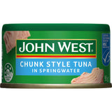 John West Chunk Style Tuna in Spring Water, premium tuna pieces rich in omega-3, perfect for salads, wraps, or pasta dishes.