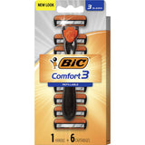 BIC Hybrid Comfort Razor with 6 cartridges, featuring a pivoting head and moisturizing strips for a close, comfortable shave.