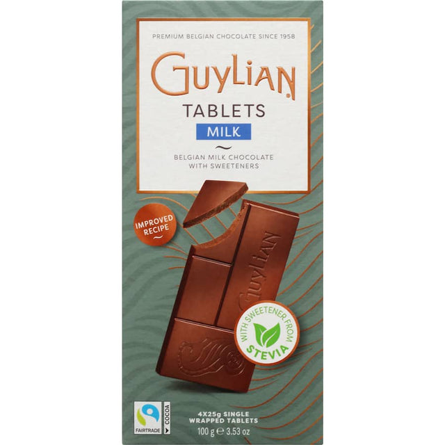 Guylian Chocolate Milk No Added Sugar showcases rich Belgian chocolate bars crafted for a guilt-free indulgence.