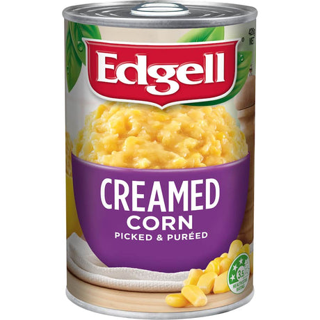 A can of Edgell Corn Creamed, showcasing its rich, creamy texture and perfect for enhancing various dishes.