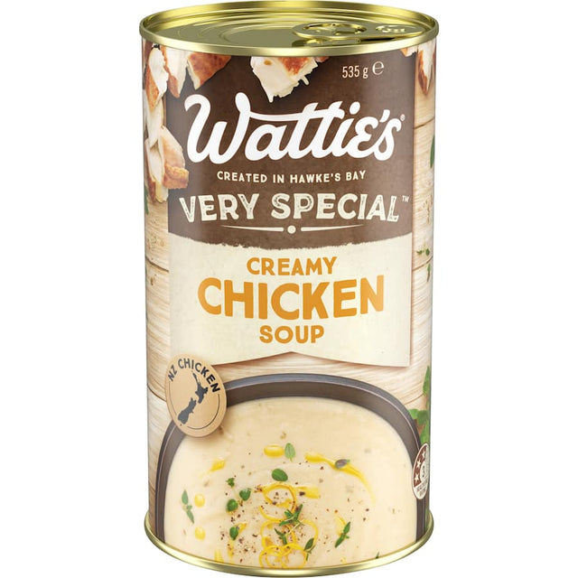 Velvety Wattie's Creamy Chicken Soup with NZ chicken, herbs, and spices, perfect for quick lunches or cozy dinners.